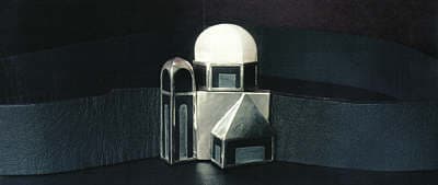 Belt Buckle (based on Salzburg church), 1976 silver, ivory, slate 3 x 3