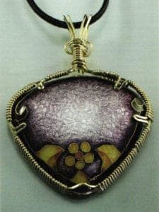 Purple Gold Cloisonne Pendant. Gold cloisonné, three wires, bail on top, whole wrapping with prongs.