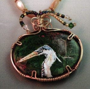 Blue Heron. Basse taille enamel on copper, silver foil, wire, seed beads