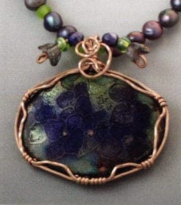 Spring. Basse taille enamel on copper, three-wire gold filled bezel, beads