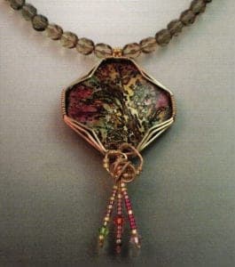 Golden Glow. Basse taille enamel on copper, four-wire gold filled bezel