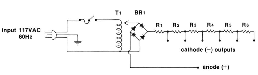 Figure 2. Pulsating DC power supply with current limit. Electrical diagram: Michael Soha