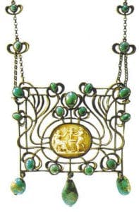 Pendant necklace, around 1915, by Marie Bedot-Diodati (1866-1958). Silver, antique Cameo, turquoises set in a closed bezel