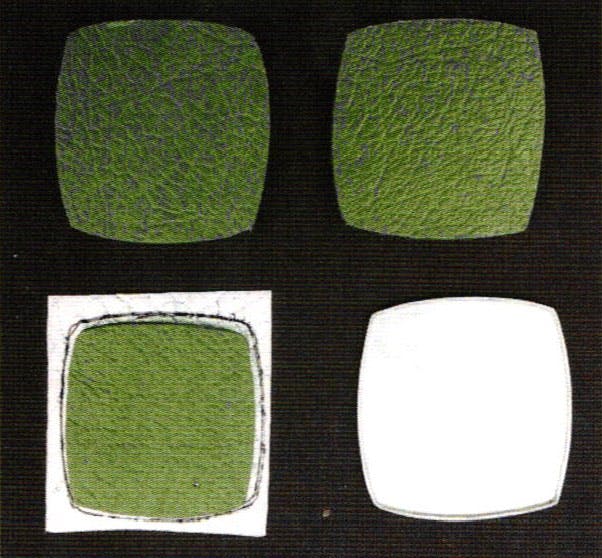 Fig 2. Top: two identical plastic cut outs, bottom left; shape transferred to metal with enlargement of shape traced onto metal; bottom right silver sheet.