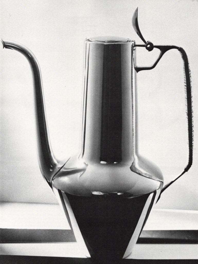 Coffee Pot, sterling with reed wrapped handle, 1953